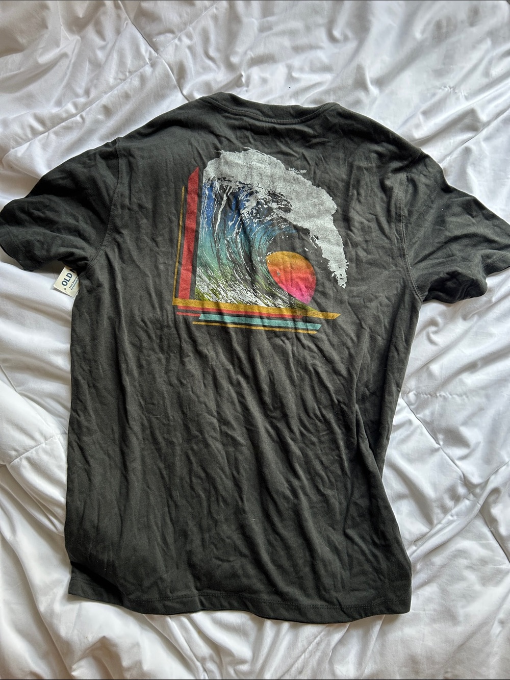 Men's Black Graphic Wave T-Shirt with Sunset Print